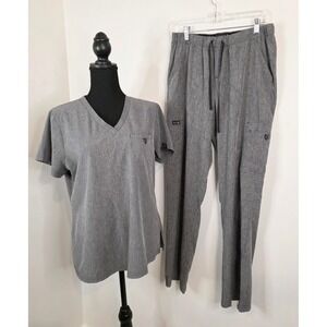 Koi Basics Scrub Set Medium Grey V-Neck Top Cargo Pants Heathered Charcoal